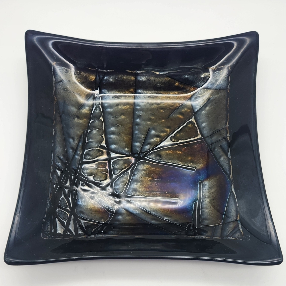 Kurt McVay Signed Fine Art Glass Dish Vintage Opalescent Iridescent Blue Purple